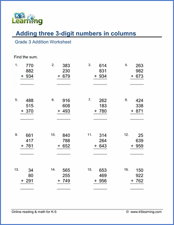 Grade 3 Addition Worksheet adding three 3-digit numbers in columns
