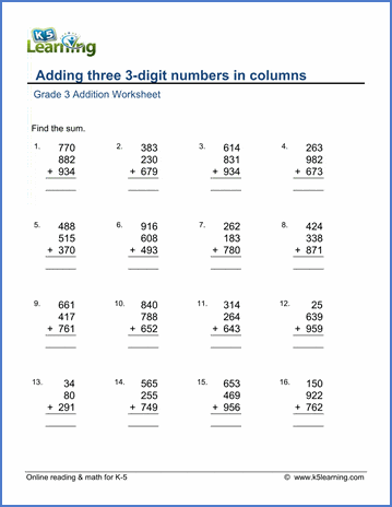 grade 3 addition worksheets adding three 3 digit numbers in columns k5 learning