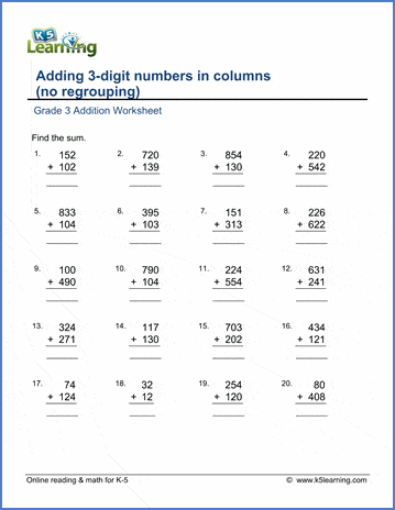 Grade 3 Addition Worksheet adding 3-digit numbers in columns (no regrouping)