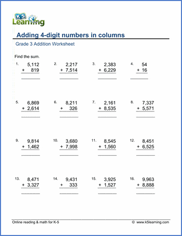 Grade 3 Addition Worksheet adding 4-digit numbers in columns
