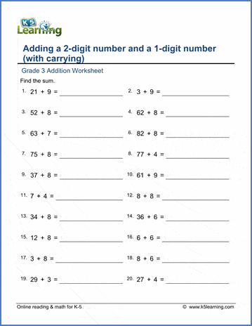 Grade 3 Addition Worksheet adding a 2-digit number and a 1-digit number