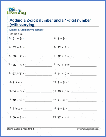 Grade 3 Addition Worksheets: add 2 and 1 digit numbers with carrying | K5  Learning