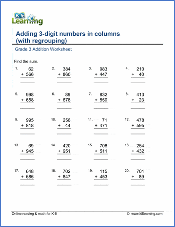 Grade 3 Addition Worksheet adding 3-digit numbers in columns (with regrouping)
