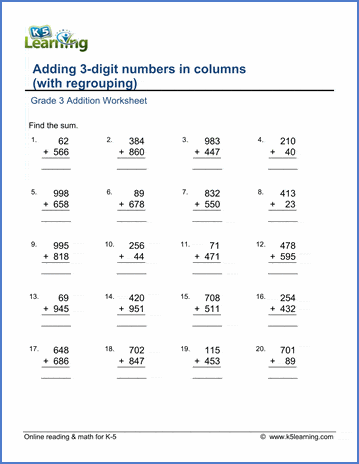 Grade 3 Math Worksheet Addition Adding 3 Digit Numbers In Columns With Regrouping K5 Learning