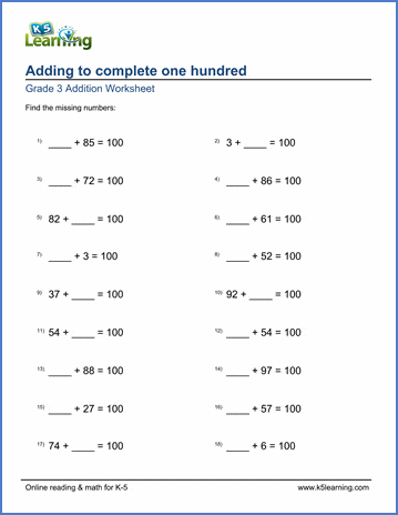Grade 3 Addition Worksheet adding to complete one hundred