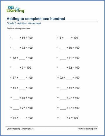 Grade 3 Addition Worksheet Pleting One Hundred