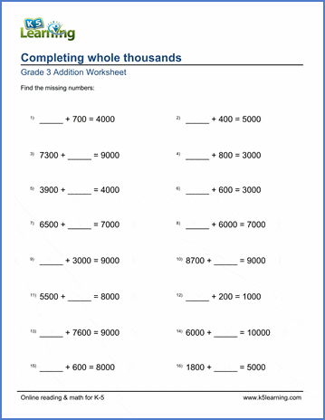 grade 3 addition worksheet completing whole thousands k5 learning
