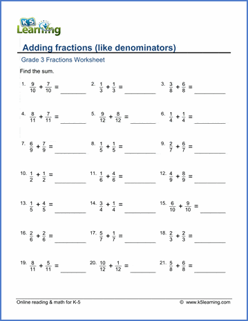 Grade 3 Fractions & decimals Worksheet adding fractions with like denominators