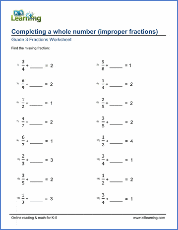 Grade 3 Fractions & decimals Worksheet completing a whole number (improper fractions)