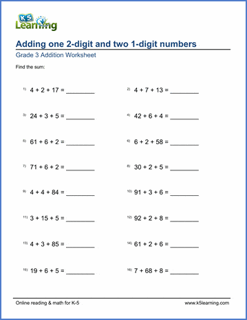 grade 3 math worksheet adding one 2 digit and two 1 digit numbers k5