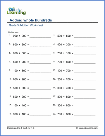 Grade 3 Addition Worksheet adding whole hundreds