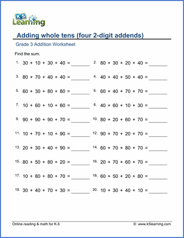 Grade 3 Addition Worksheet adding whole tens (four 2-digit addends)