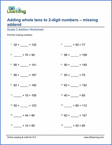 Grade 3 Addition Worksheet adding whole tens to a 2-digit number - missing addend