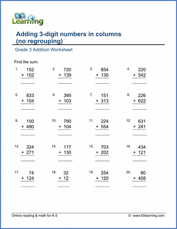 grade 3 addition worksheets free printable k5 learning