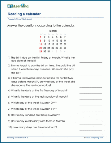 Reading a Calendar Worksheet | K5 Learning