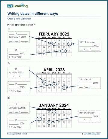 Grade 3 calendar worksheet on writing dates