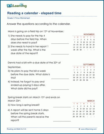 Grade 3 Worksheet on elapsed time on a calendar