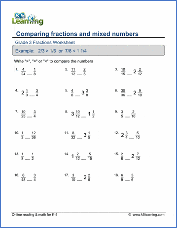 Grade 3 Math Worksheets: Ccomparing fractions & mixed numbers | K5 Learning