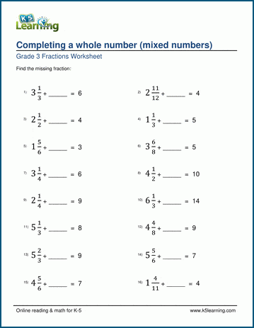 Grade 3 Fractions & decimals Worksheet completing a whole number (mixed numbers)