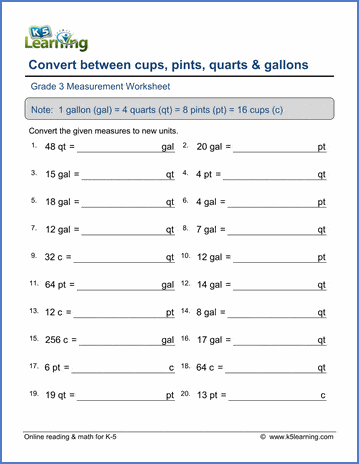 Grade 3 Measurement Worksheet convert between cups, pints, quarts & gallons