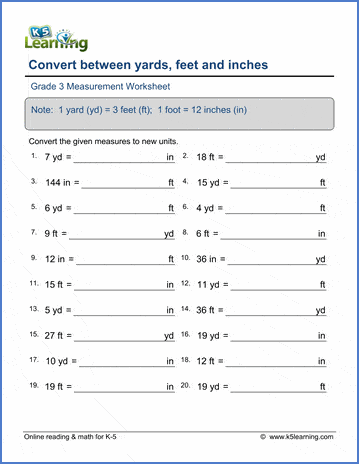Grade 3 Measurement Worksheet convert between yards, feet and inches