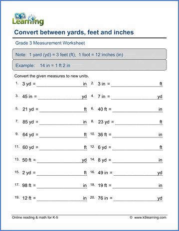 Grade 3 Measurement Worksheet convert between yards, feet and inches - hard