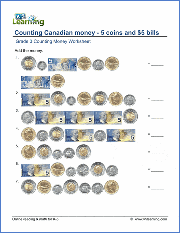 Grade 3 Counting money Worksheet on counting Canadian money: the 5 coins and $5 bills
