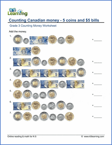 Canadian Money Worksheet: coins and $5 bills | K5 Learning