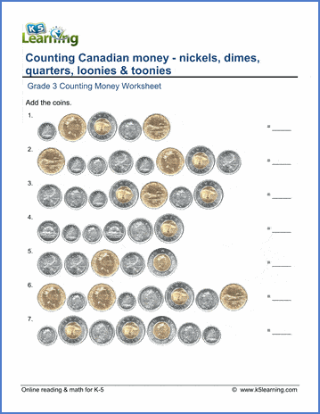 Grade 3 Counting money Worksheet on counting Canadian nickels, dimes, quarters, loonies & toonies