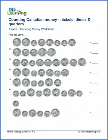 Grade 3 Counting money Worksheet on counting Canadian nickels, dimes and quarters