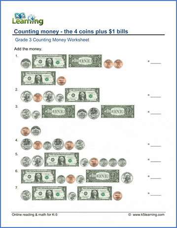 Grade 3 Counting money Worksheet on counting the 4 coins plus $1 bills