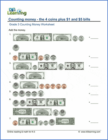 Grade 3 Counting money Worksheet on counting the 4 coins plus $1 and $5 bills