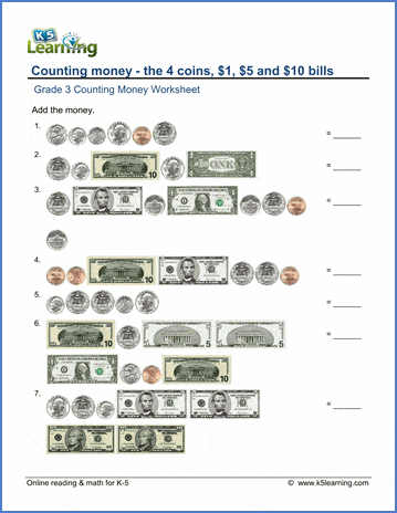 Grade 3 Counting money Worksheet on counting the 4 coins plus $1, $5 and $10 bills