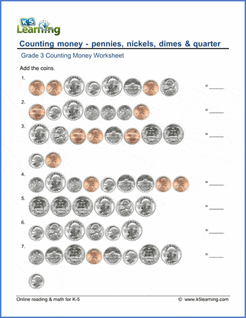 Grade 3 Counting money Worksheet on counting pennies, nickels, dimes and quarters
