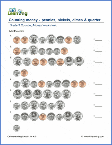 grade 3 math worksheets counting coins k5 learning