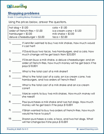 Shopping word problems worksheet