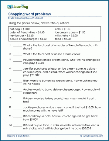 Grade 3 Counting money Worksheet on shopping problems