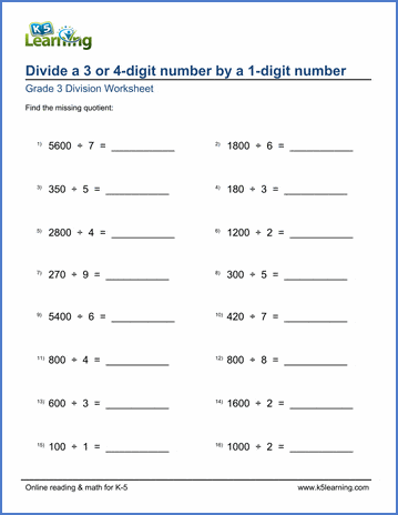 Grade 3 Division Worksheet subtraction - divide 3 or 4-digit numbers by a 1-digit number