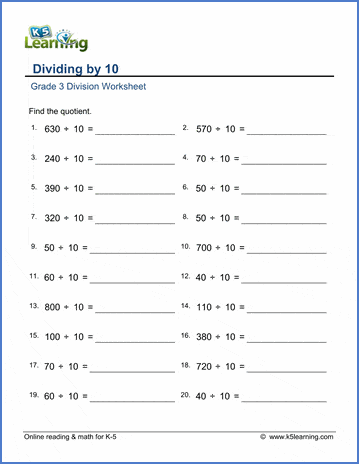 Grade 3 Division Worksheet subtraction - dividing by 10