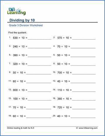 Grade 3 math worksheets: Division by 10 | K5 Learning