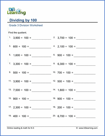 Grade 3 Division Worksheet subtraction - dividing by 100
