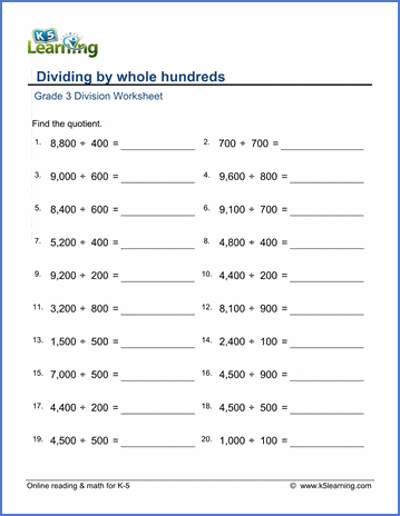 Grade 3 Division Worksheet subtraction - dividing by whole hundreds