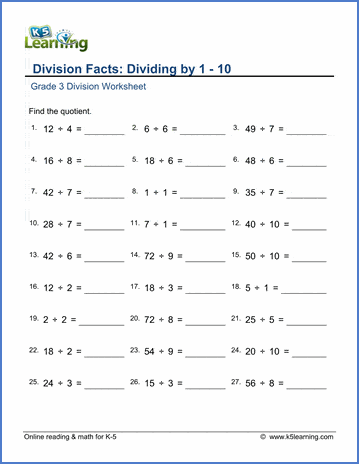 Grade 3 Division Worksheet subtraction - division facts: dividing by 1-10