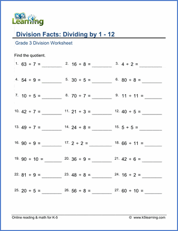 Grade 3 Division Worksheet subtraction - division facts: dividing by 1-12