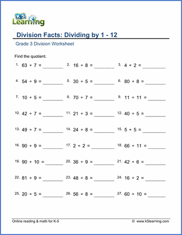 Grade 3 Math Worksheet Division Facts Dividing By 1 12