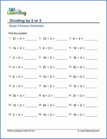 Grade 3 Division Worksheet subtraction - dividing by 2 or 3