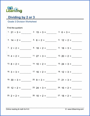 Grade 3 math worksheet - Division: dividing by 2 or 3 | K5 Learning