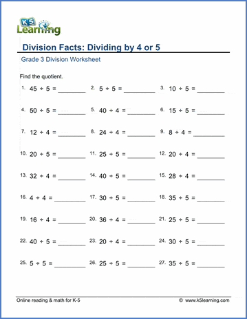 Grade 3 Division Worksheet subtraction - dividing by 4 or 5