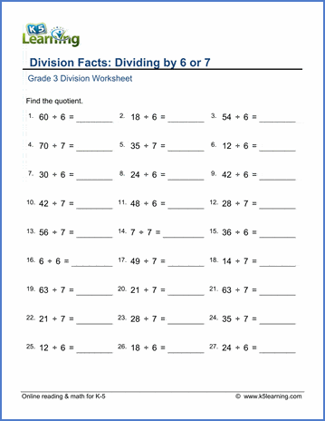 Grade 3 Division Worksheet subtraction - dividing by 6 or 7