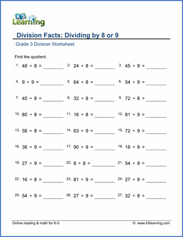 Grade 3 Division Worksheet subtraction - dividing by 8 or 9